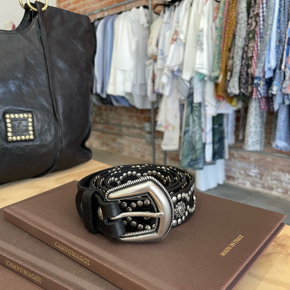 Campomaggi Black Leather Belt with Silver Embellishments